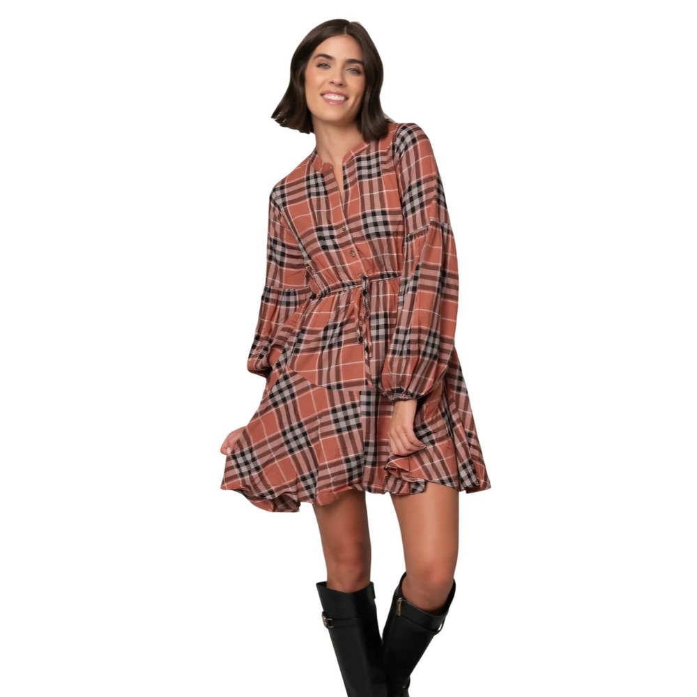August Sky Womens Plaid Mini Dress Terracotta Black‎ Long Balloon Sleeve S NWOT